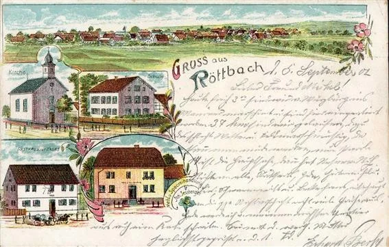 Röttbach (6983) kath Kirche Schule Gasthaus zur Krone Mehl und Spezereihandlung Jessberger Lithographie 1907 I-II (Stauchung, VS/RS fleckig) Zuschlag für 180,- Euro