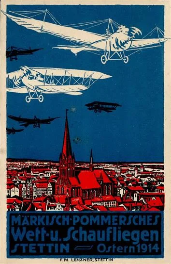 Zuschlag 190 EUR - Flugereignis Stettin Märkisch Pommersches Wett u. Schaufliegen 1914 Künstler-Karte I-II