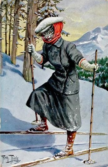 Zuschlag 850 EUR - Thiele, Arthur Katzen personifiziert Ski Künstlerkarte 1916 I-II