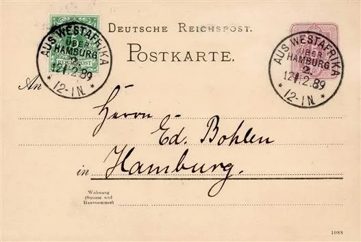 Kolonien Kamerun aus Westafrika über Hamburg 12.2.1889, sehr seltener Seepoststempel auf handschriftlicher Karte Adolph Woermanns an Eduard Bohlen