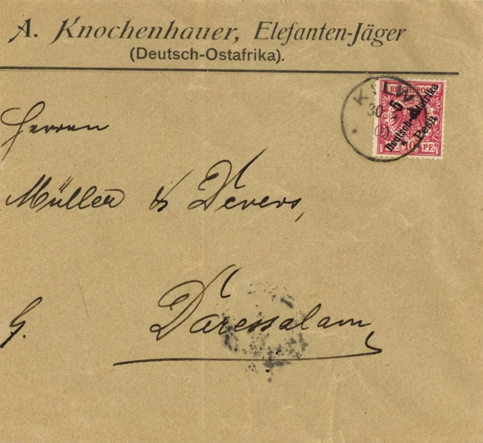 Kolonien Deutsch-Ostafrika Beleg Stpl. Kilwa 30.4.00 A. Knochenhauer Elefanten-Jäger I-II