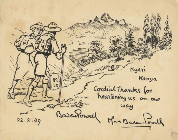 Großbritannien, 1939, Karte mit Afs von London Scouting Pfadfinder nach Cernay Elsass, rückseitige Zeichnung von Baden-Powell in Kenia