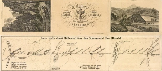 Los 10899 - Zuschlag 1100 Euro - Lenzkirch (7825) Hotel zum Adler und Post J. Ketterer sehr frühe Reisekarte von Freiburg nach Schaffhausen um 1850