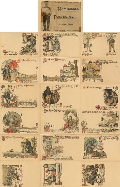 Los 483 - Zuschlag 2300 Euro - Christiansen, Hans Serie Hamborger Postkorten von 1894. 18 Stück mit Umschlag. Diese extrem seltene Serie von Hans Christiansen besteht aus 18 Ansichtskarten mit humoristischen…