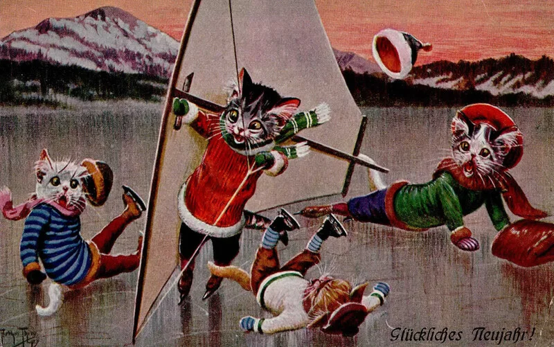Los 305 - Zuschlag 410 Euro - Thiele, Arthur Glückliches Neujahr! vermenschlichte Katzen beim Schlittschuhlaufen 1921 I-II (Marke entfernt)