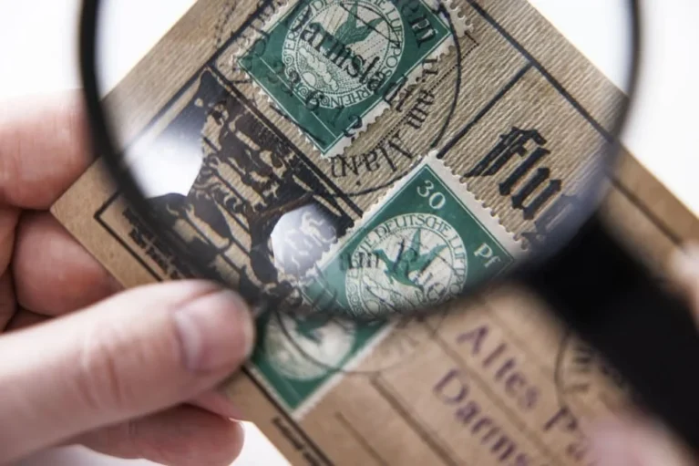 Blick durch Lupe auf eine Briefmarke mit einem Stempel aus Darmstadt.